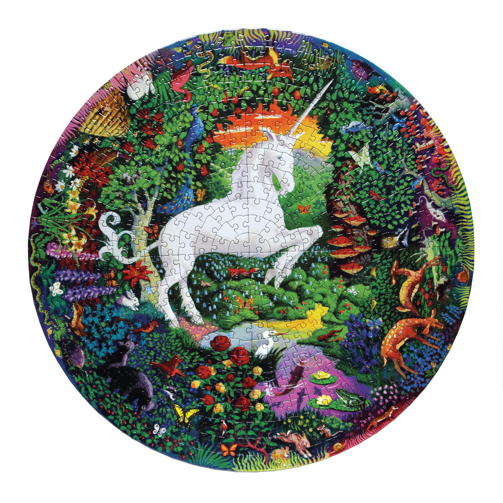 Puzzle redondo 500 piezas unicornio en el jardín